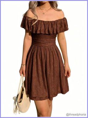 Off Shoulder Floral Jacquard Mini Dress Smocked Square Neck Summer
